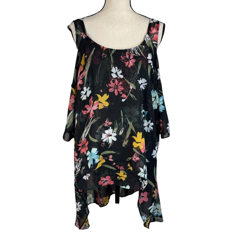 Lane Bryant 14/16 Top Floral Flowy Layered Cold Shoulder Hi-Low Hem Semi-Sheer